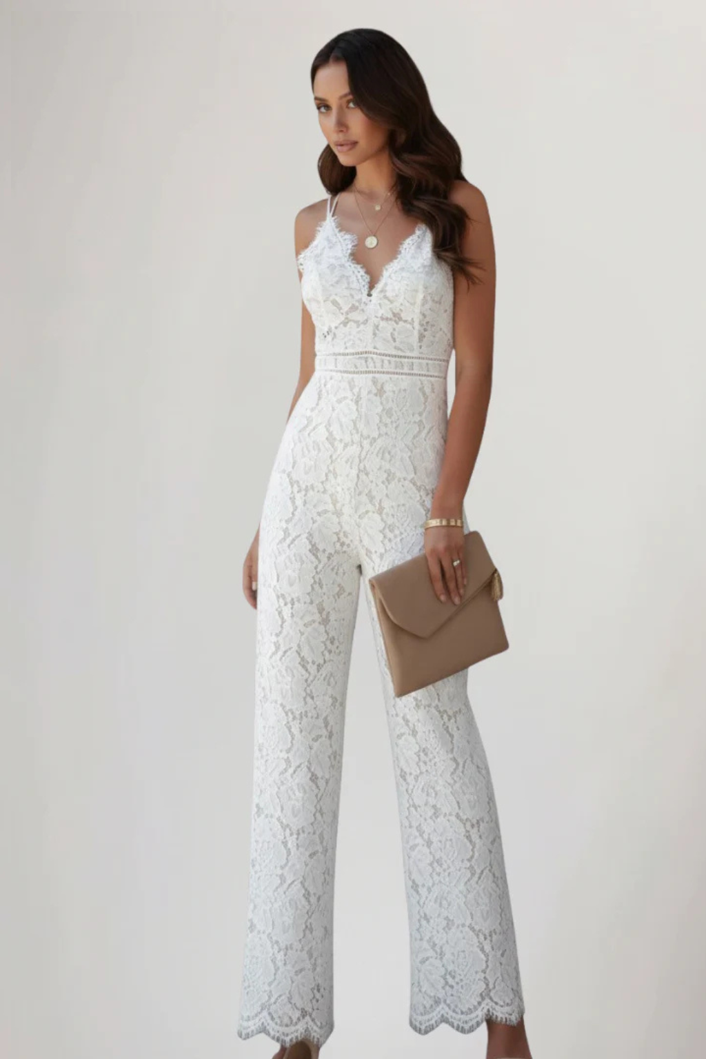 Sorvienne Women's Lace V-Neck Strappy Wide Leg Jumpsuit
