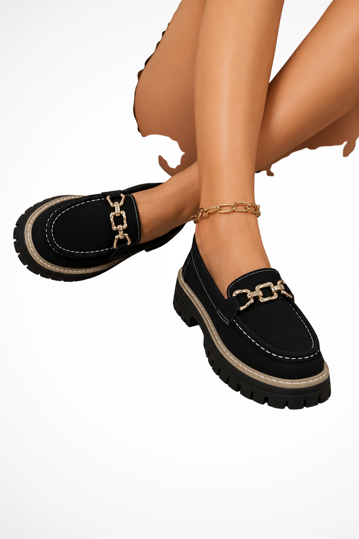 Sorvienne Chain Detail Chunky Orthopaedic Loafers in Black