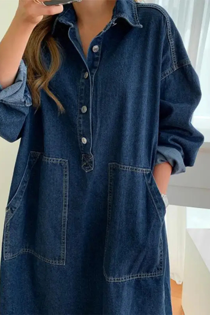Sorvienne Women's Oversized Denim Maxi Dress with Pockets