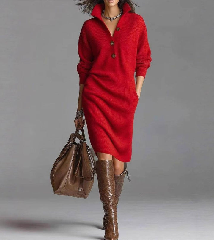 Sorvienne Relaxed Collared Knit Jumper Dress in Red
