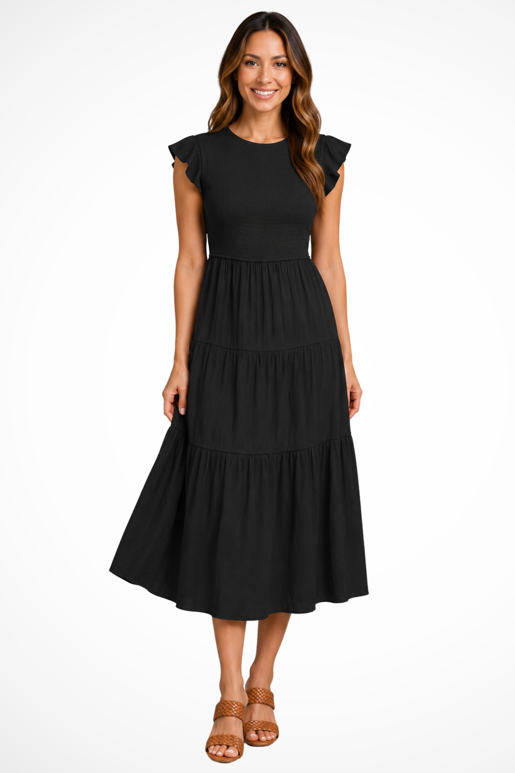 Sorvienne Shirred Tiered Relaxed Midi Dress in Black