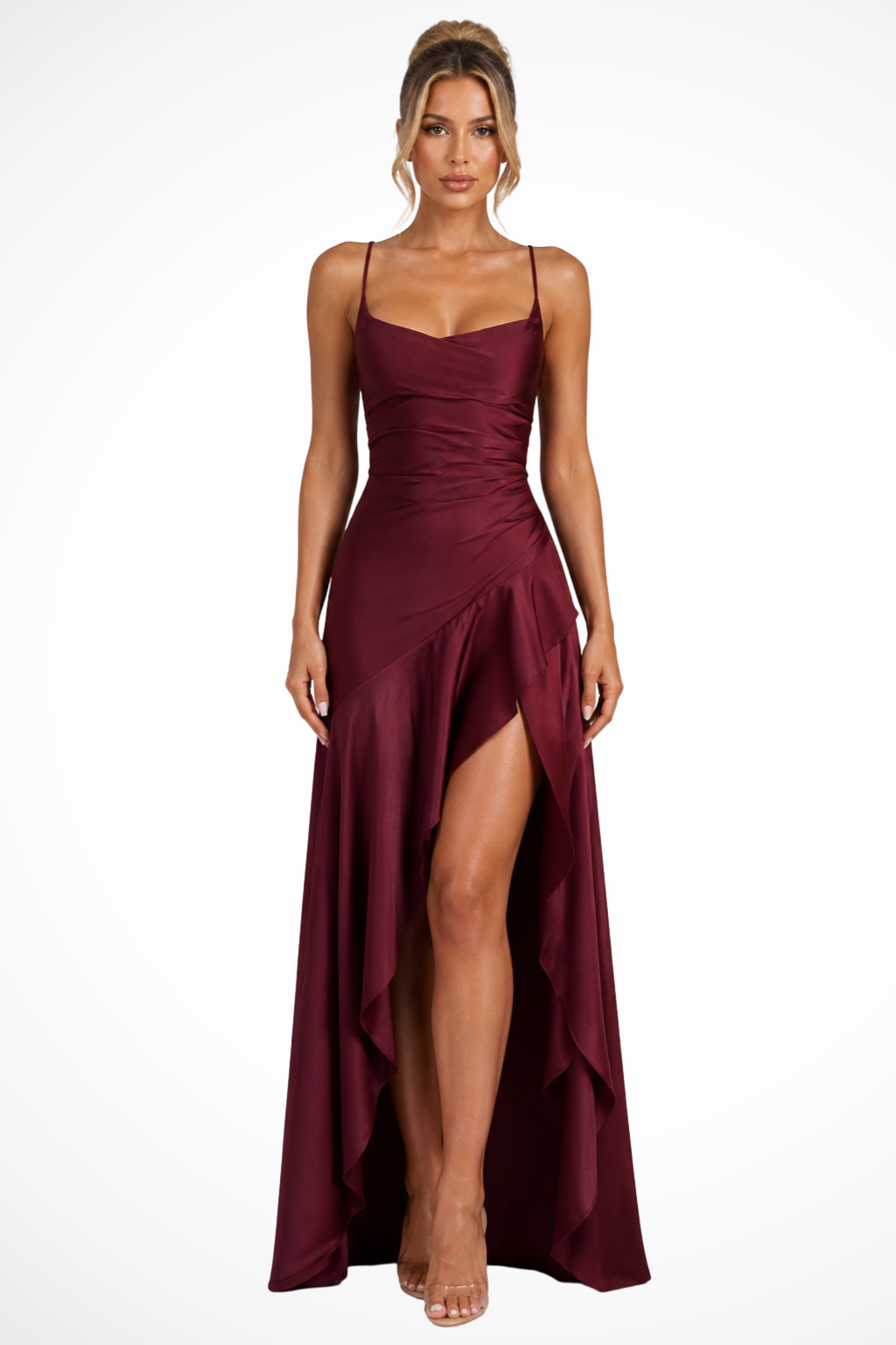 Burgundy Women's Cowl Neck Satin Slip Maxi Dress – Sorvienne