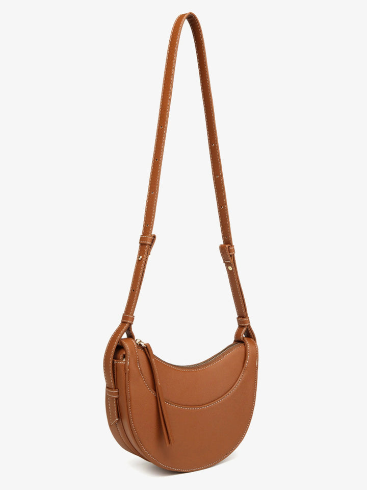 Sorvienne Pebbled Leather Look Half Moon Bag in Tan