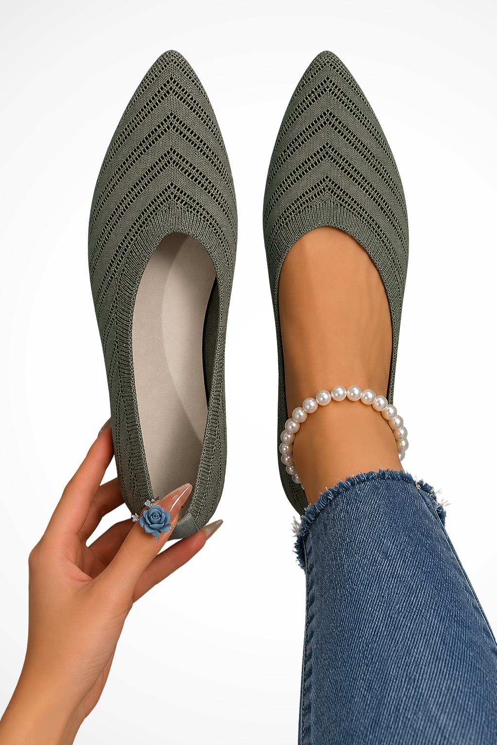 Sorvienne Pointed Toe Knit Orthopaedic Loafers in Green