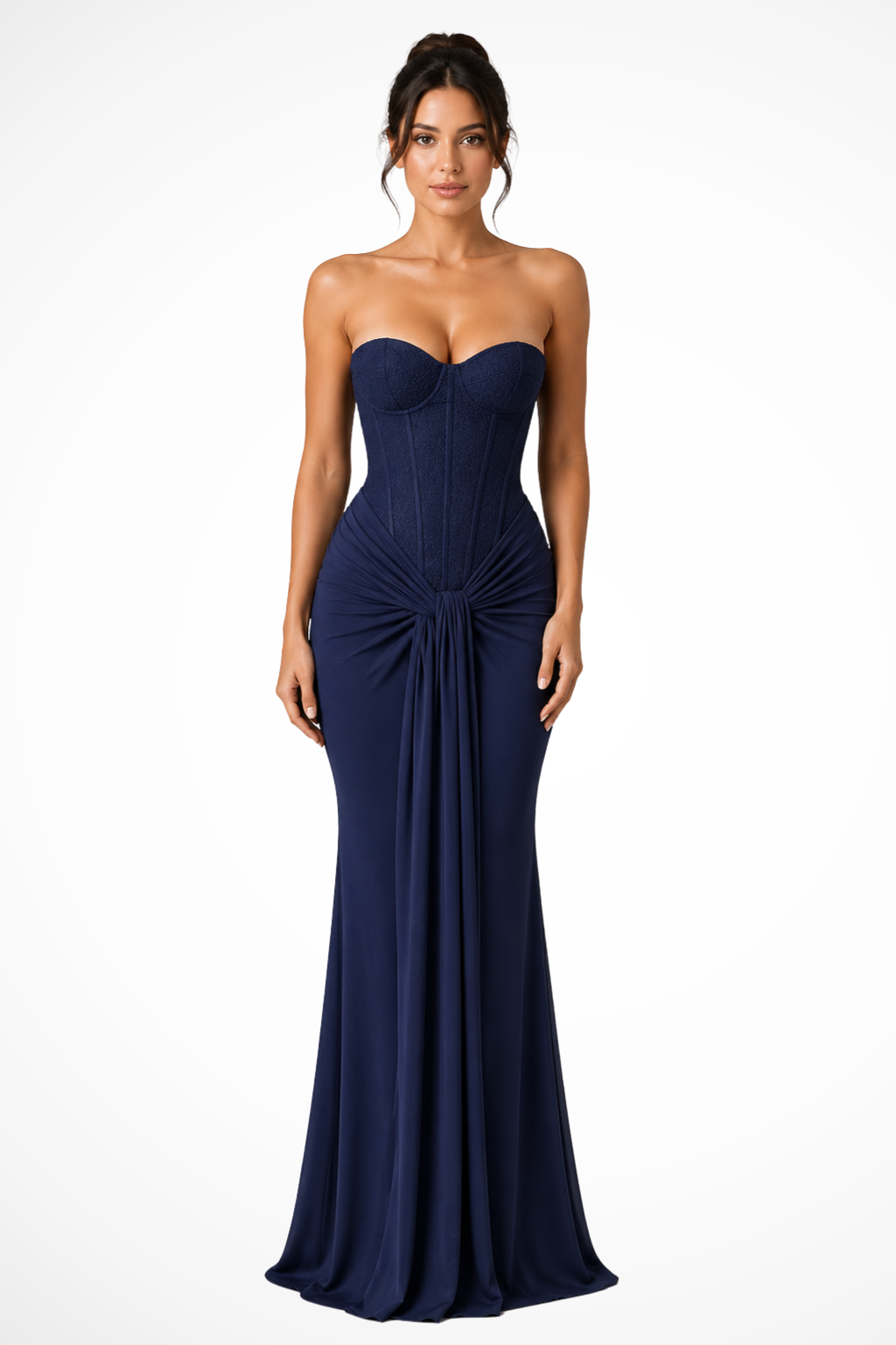 Sorvienne Women's Lace Corset Strapless Draped Maxi Dress in Navy Blue