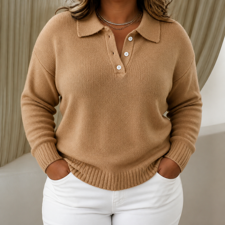 Sorvienne Relaxed Button Placket Polo Collar Jumper in Camel