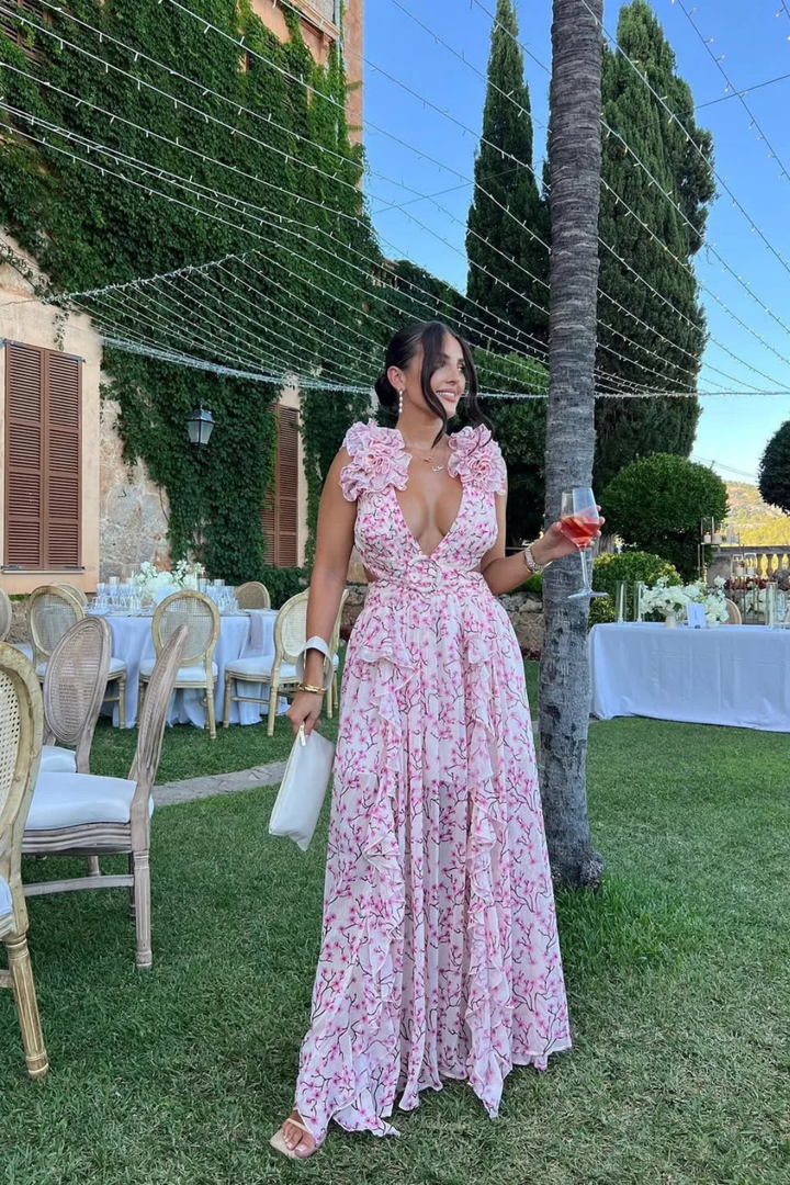 Sorvienne Floral Ruffle V-Neck Flowing Maxi Dress in Pink
