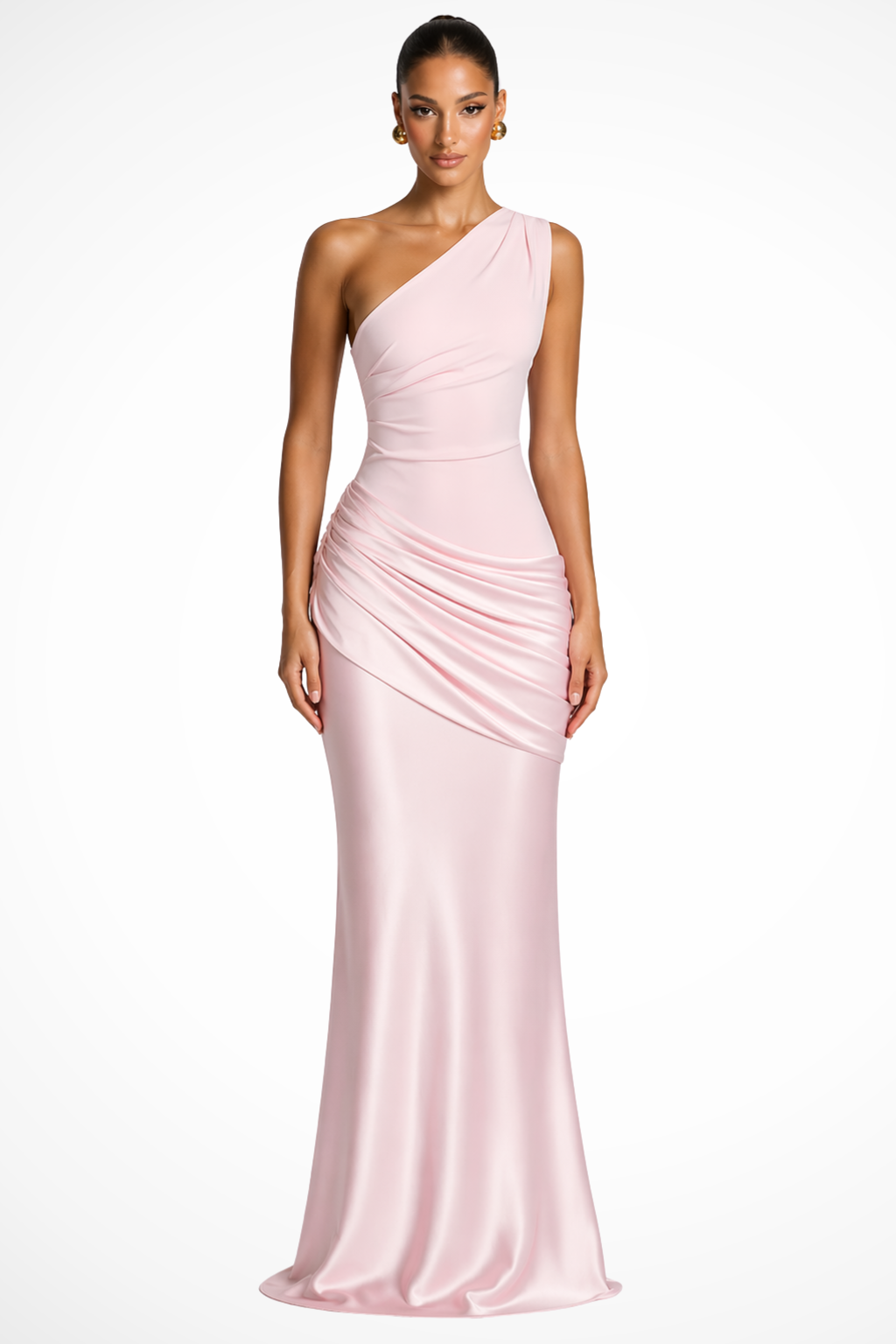 Sorvienne Women's One Shoulder Ruched Satin Maxi Dress in Pink