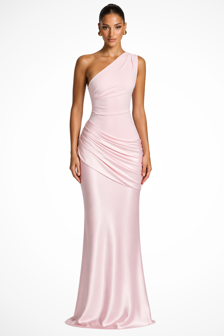 Sorvienne Women's One Shoulder Ruched Satin Maxi Dress in Pink