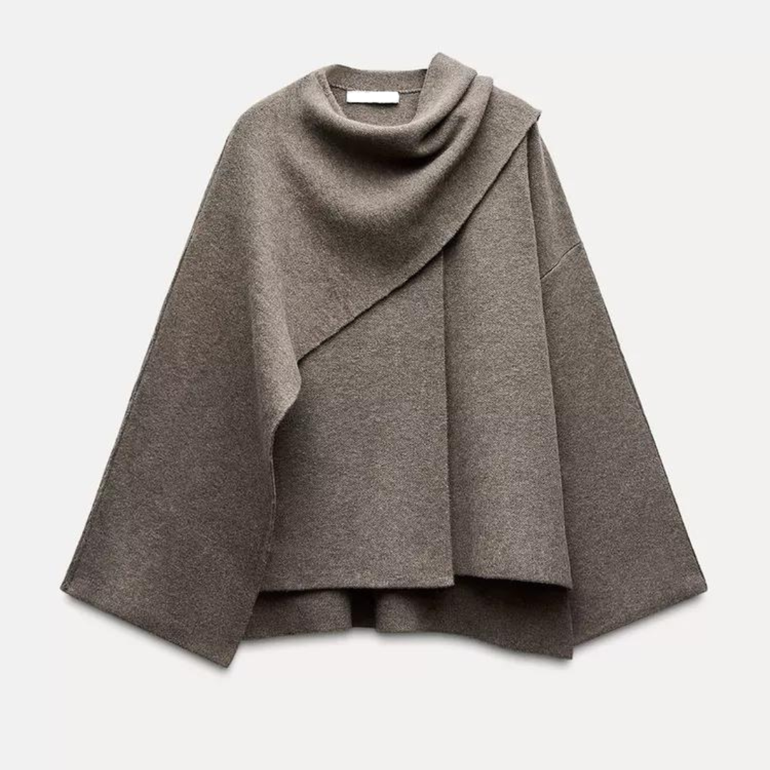 Sorvienne Relaxed Asymmetric Scarf Coat in Taupe