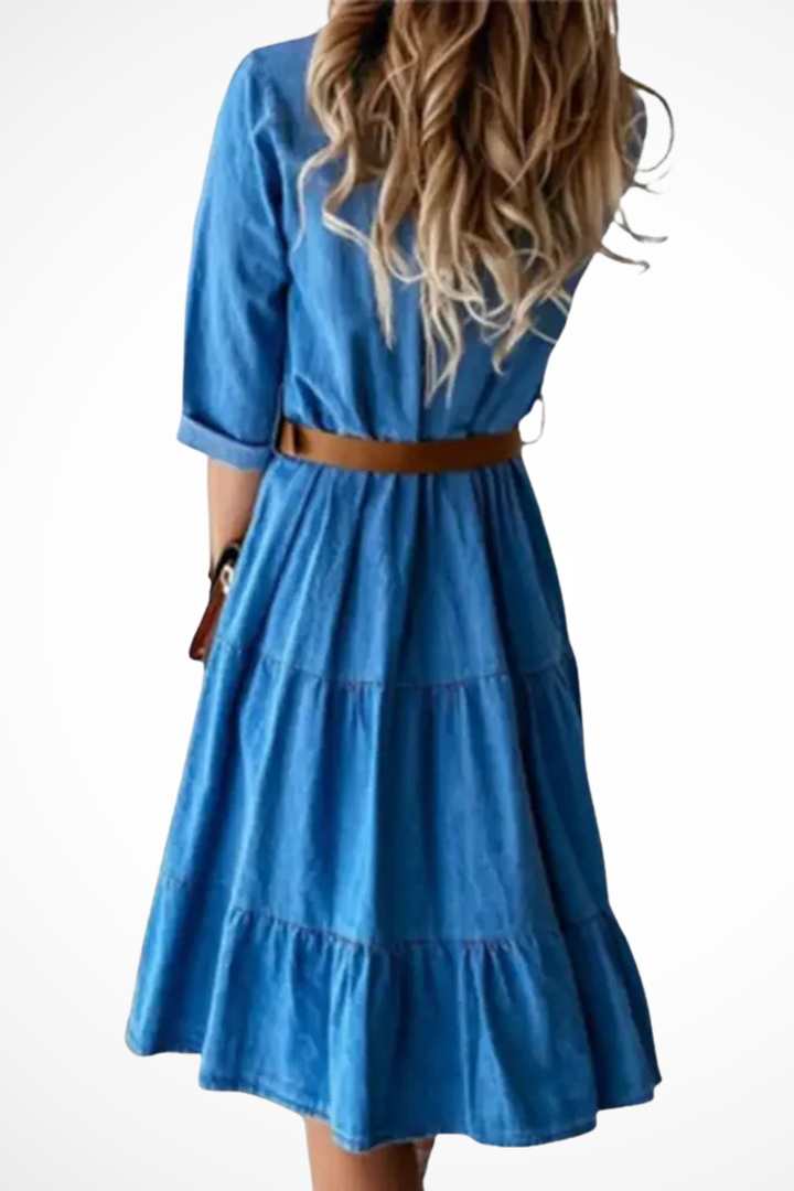 Sorvienne Women's Denim Tiered Midi Shirt Dress with Belt