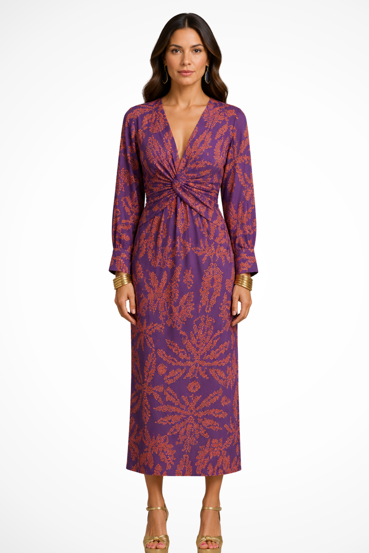 Sorvienne V-Neck Twist Front Printed Midi Dress in Purple