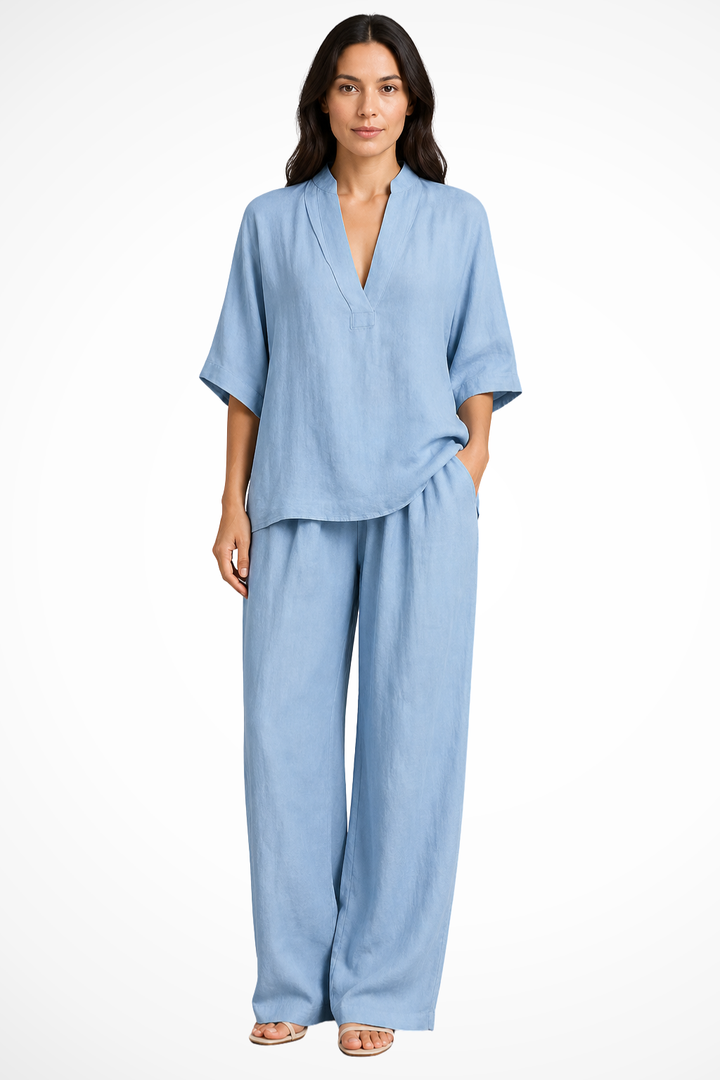 Sorvienne Women's Linen Wide Leg Co-Ord Set in Blue