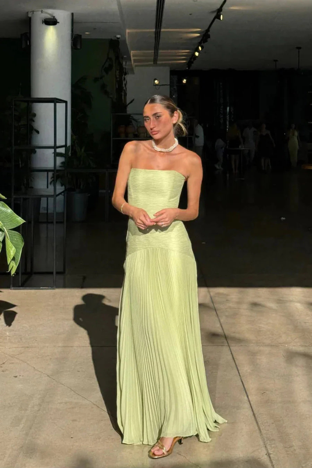 Sorvienne Strapless Pleated Drop-Waist Maxi Dress