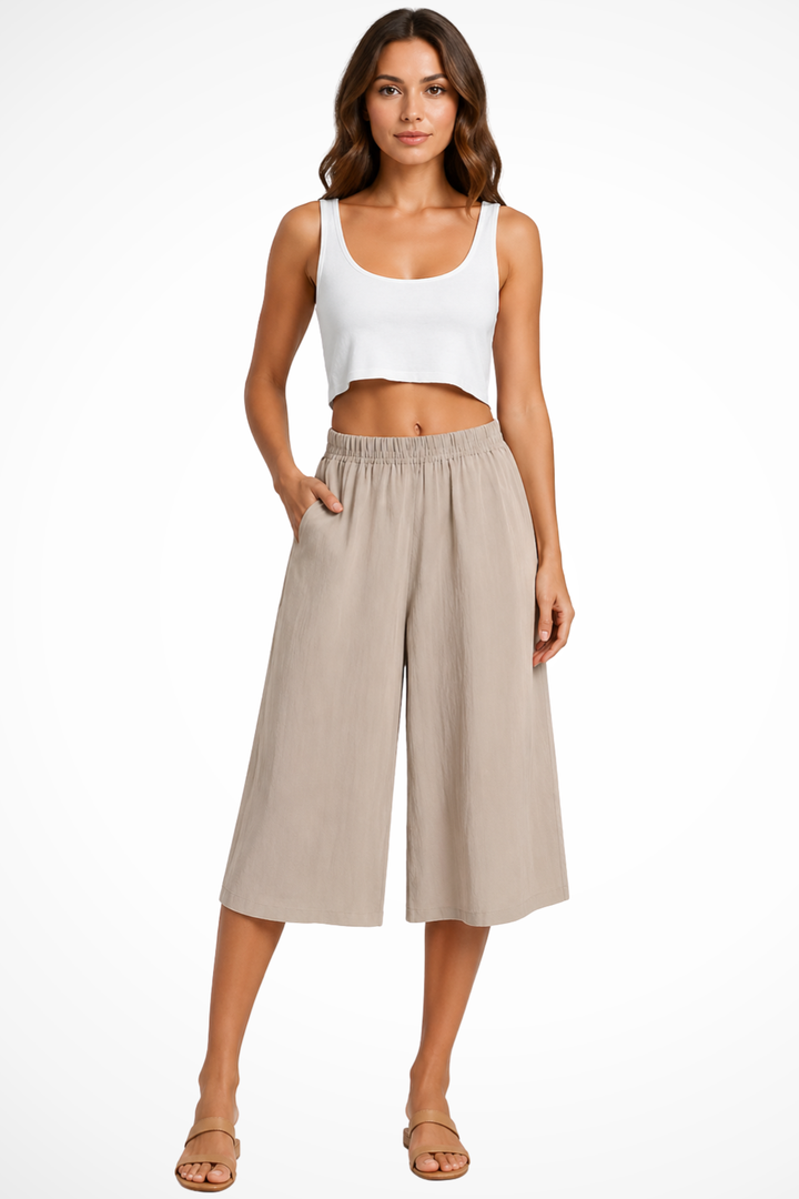Sorvienne Women's Wide Leg Cropped Trousers in Khaki