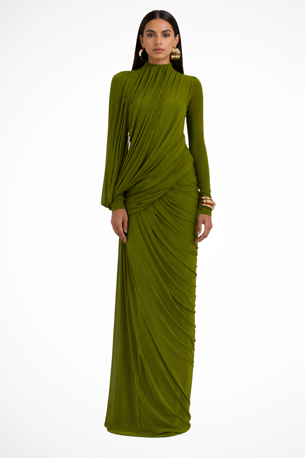 Sorvienne Women's Long Sleeve High Neck Maxi Dress in Green