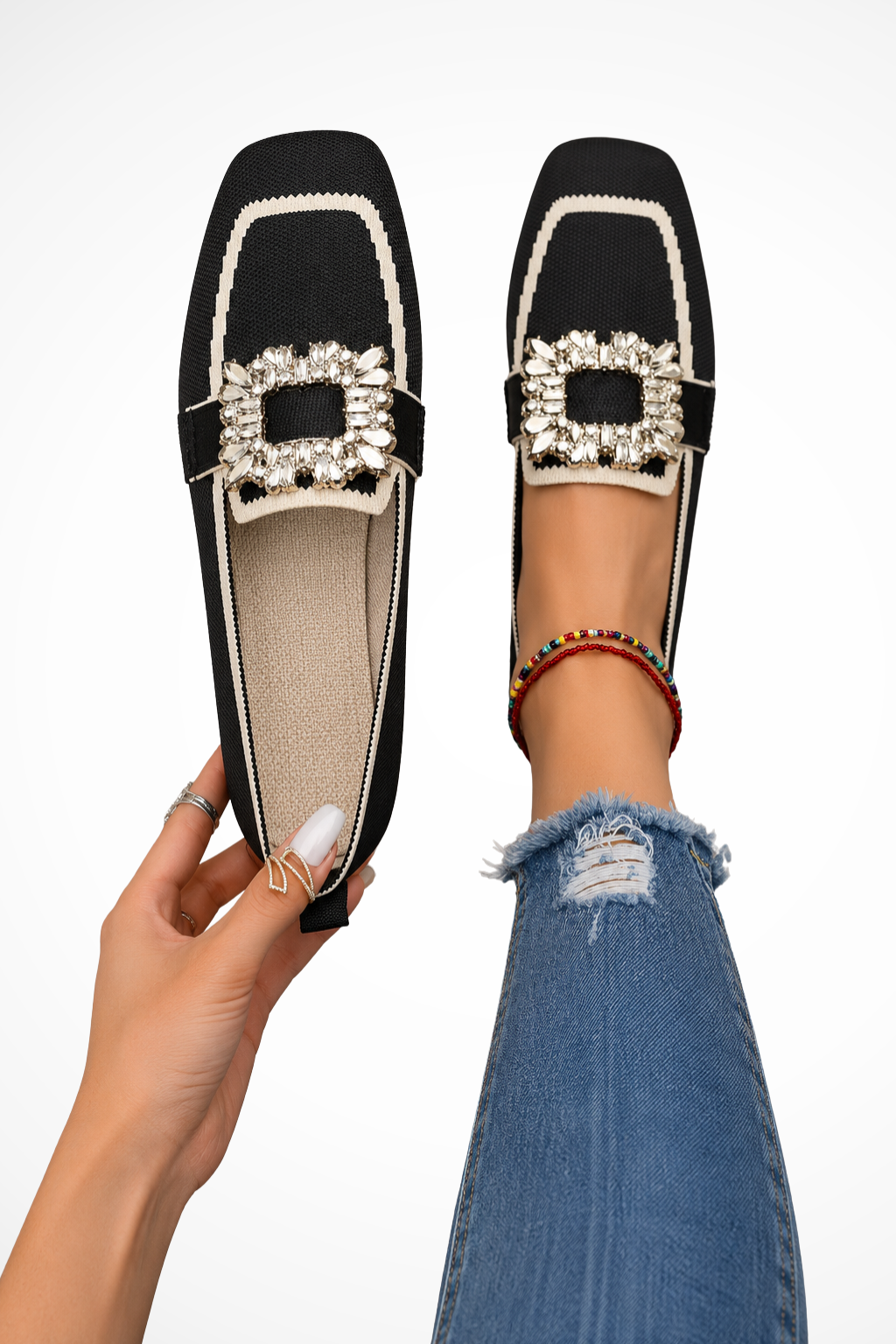 Sorvienne Embellished Square Toe Orthopaedic Loafers in Black