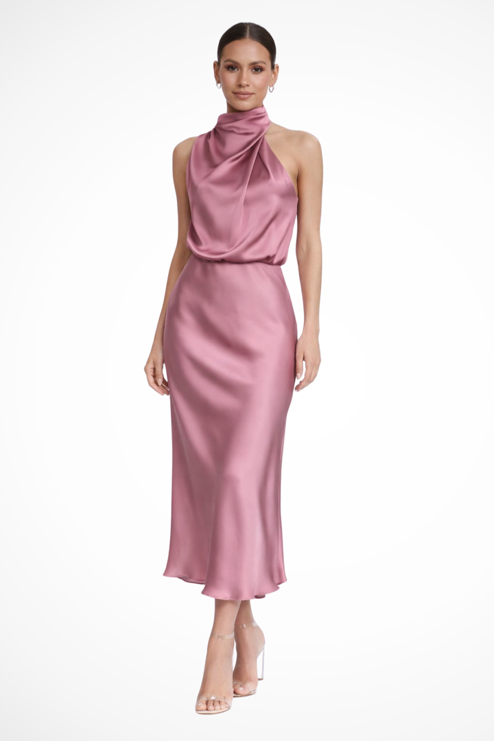 Sorvienne Women's Satin Halter Neck Midi Dress in Pink