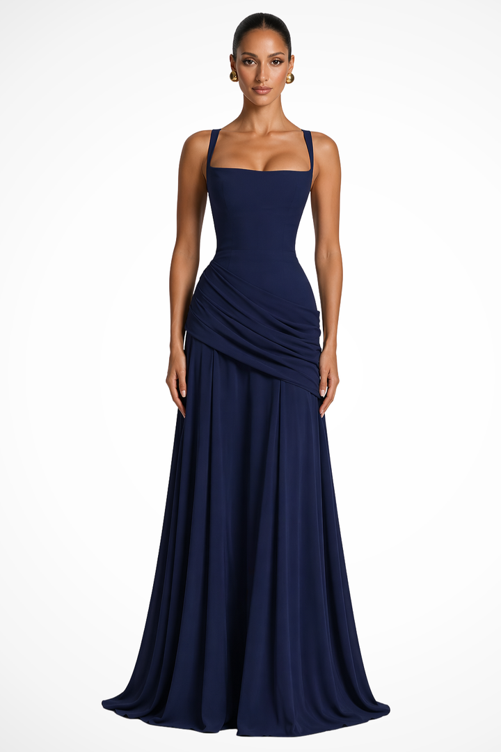 Sorvienne Women's Square Neck Ruched Maxi Dress in Navy Blue
