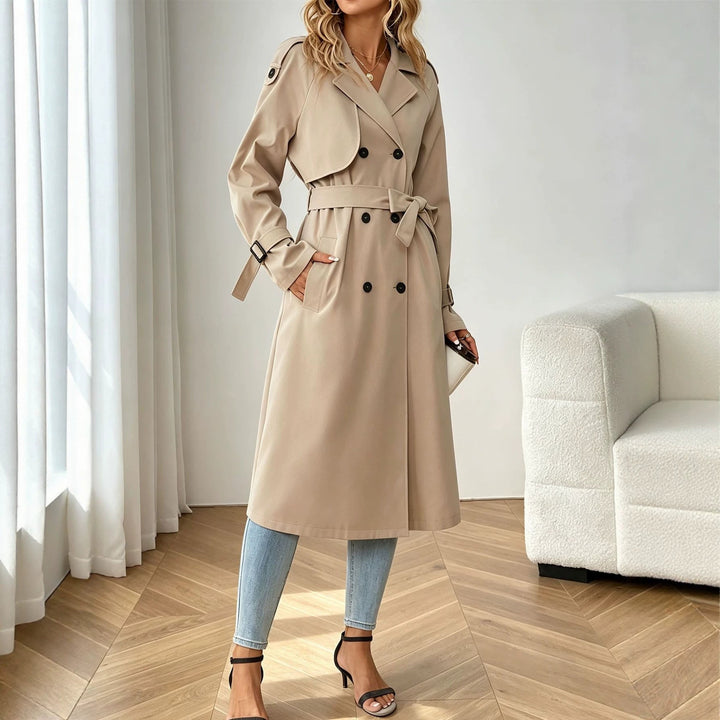 Sorvienne Relaxed Belted Longline Trench Coat in Beige
