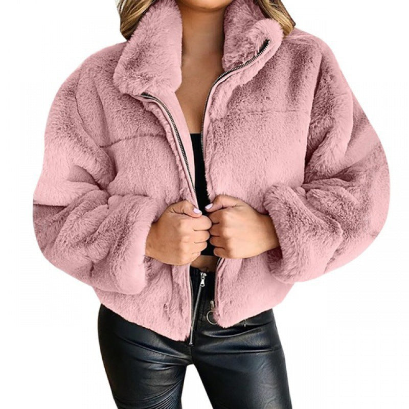 Sorvienne Relaxed Zip Front Faux Fur Jacket in Pink