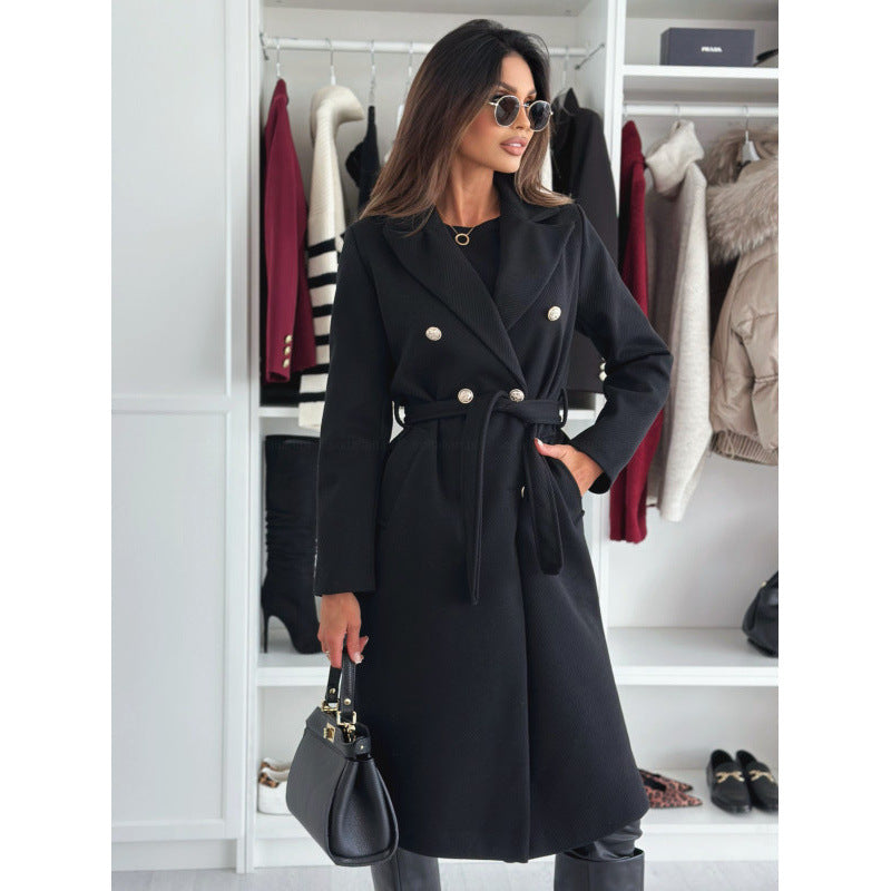 Sorvienne Tailored Double Breasted Belted Coat in Black