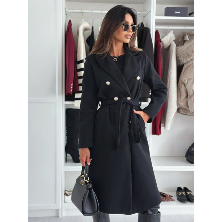 Sorvienne Tailored Double Breasted Belted Coat in Black