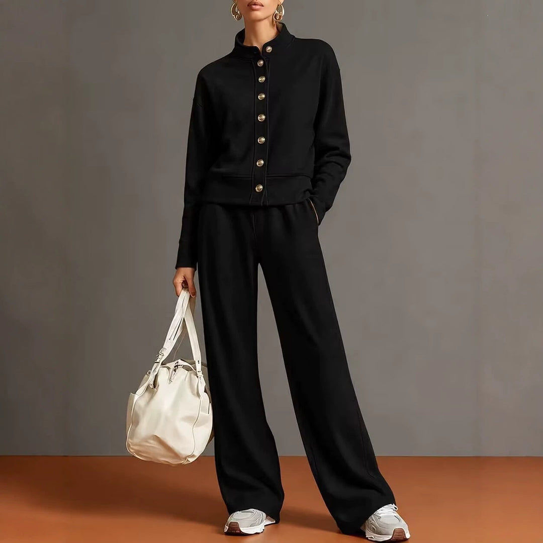 Sorvienne Relaxed Button Front Knitted Co Ord Set in Black