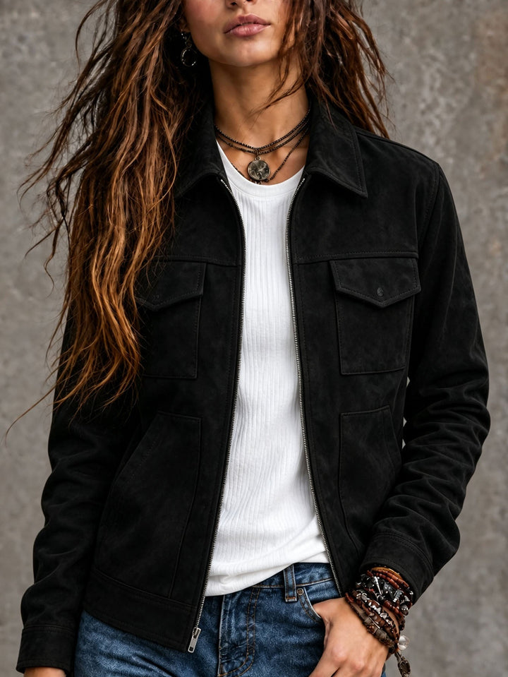 Sorvienne Relaxed Zip Front Suede Effect Jacket in Black