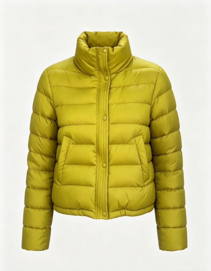 Sorvienne Relaxed Funnel Neck Cropped Puffer Jacket in Yellow