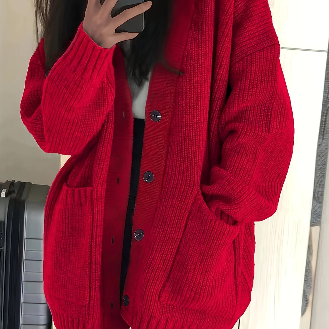 Sorvienne Oversized Cardigan with Deep Patch Pockets in Red