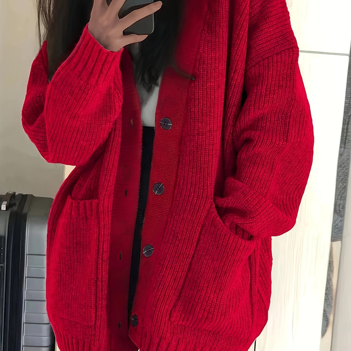 Sorvienne Oversized Cardigan with Deep Patch Pockets in Red
