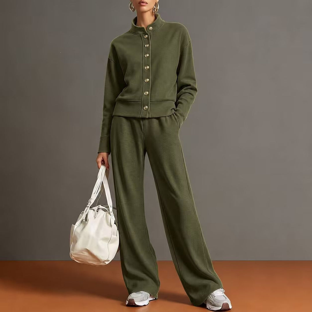 Sorvienne Relaxed Button Front Knitted Co Ord Set in Olive