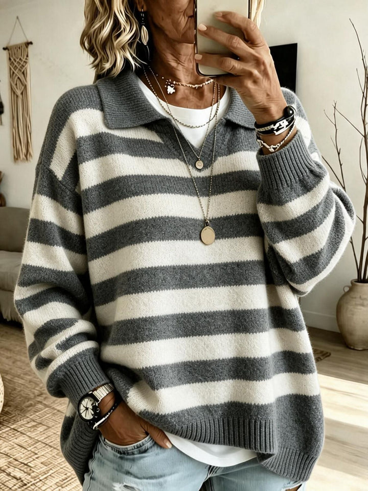 Sorvienne Relaxed Collared Striped Jumper in Grey Stripe