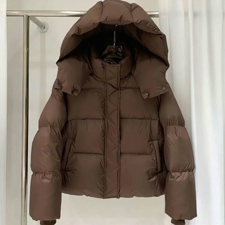 Sorvienne Oversized Cropped Hooded Puffer Jacket in Brown