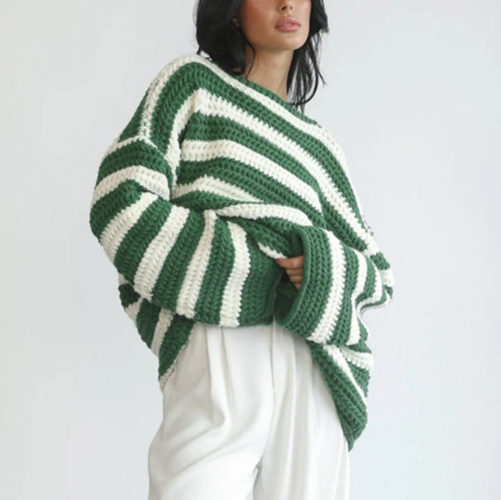 Sorvienne Oversized Striped Jumper in Chunky Knit in Green Stripe