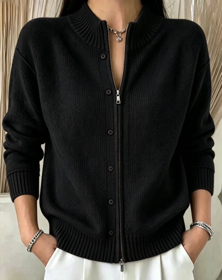 Sorvienne Mock Neck Zip Through Cardigan in Black