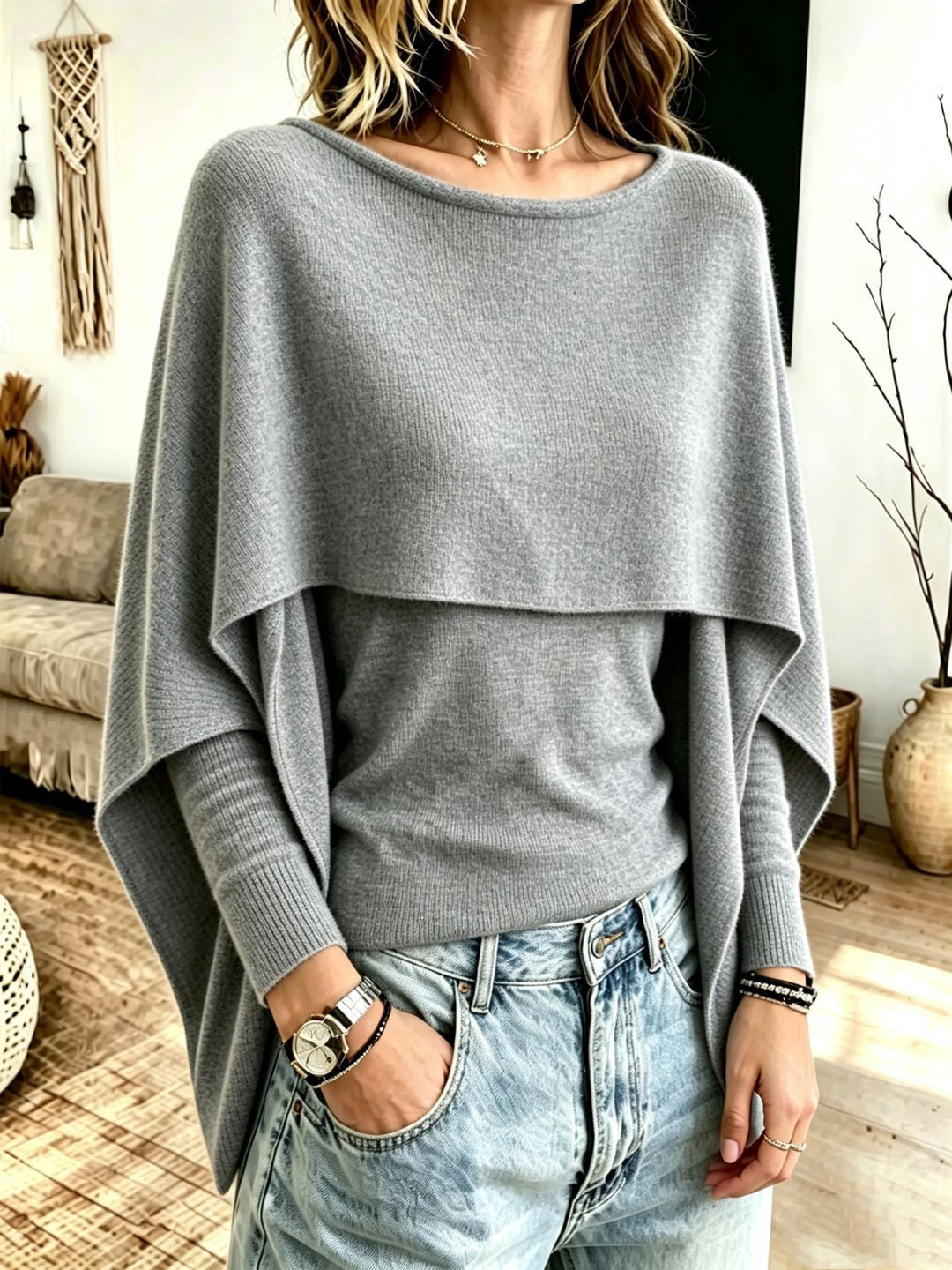 Sorvienne Relaxed Layered Cape Jumper in Grey