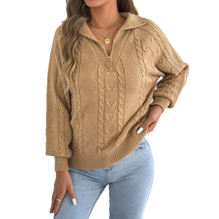 Sorvienne Relaxed Collared Cable Knit Half Zip Jumper in Camel
