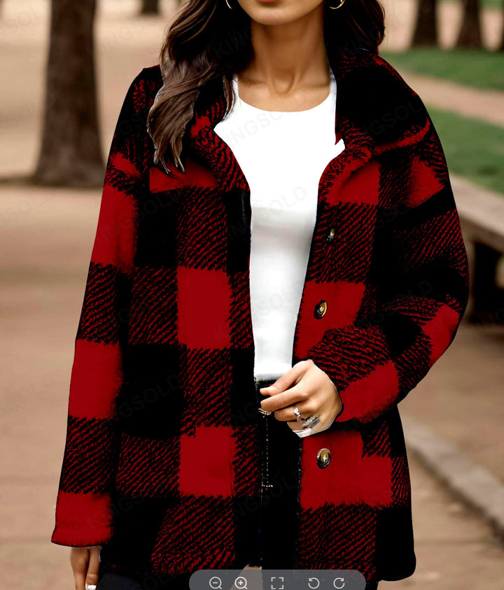 Sorvienne Relaxed Borg Check Shacket in Red
