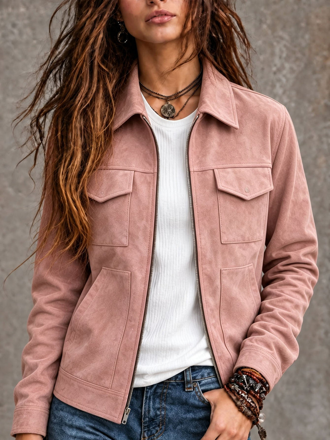 Sorvienne Relaxed Zip Front Suede Effect Jacket in Pink