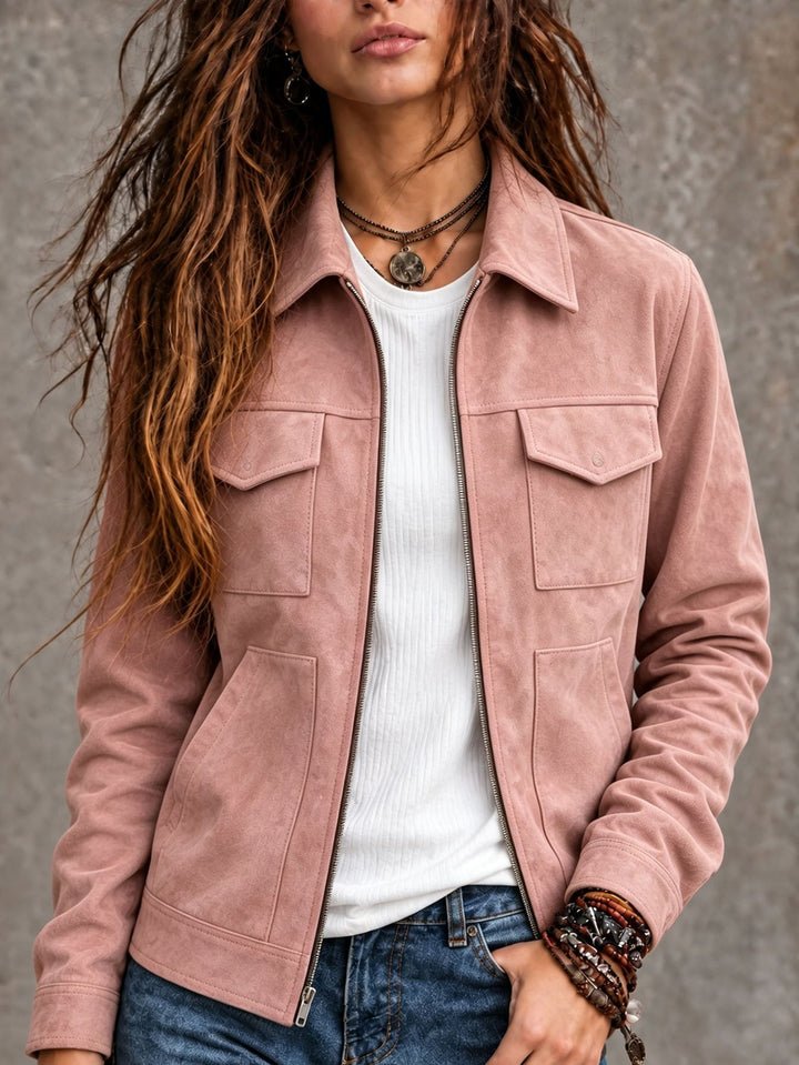 Sorvienne Relaxed Zip Front Suede Effect Jacket in Pink