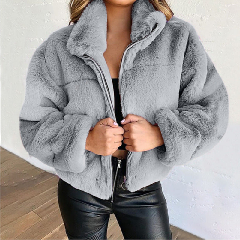 Sorvienne Relaxed Zip Front Faux Fur Jacket in Grey