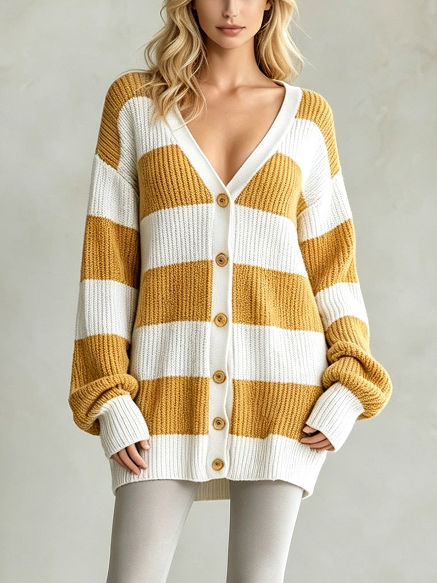 Sorvienne Oversized Button Front Striped Cardigan in Mustard Stripe