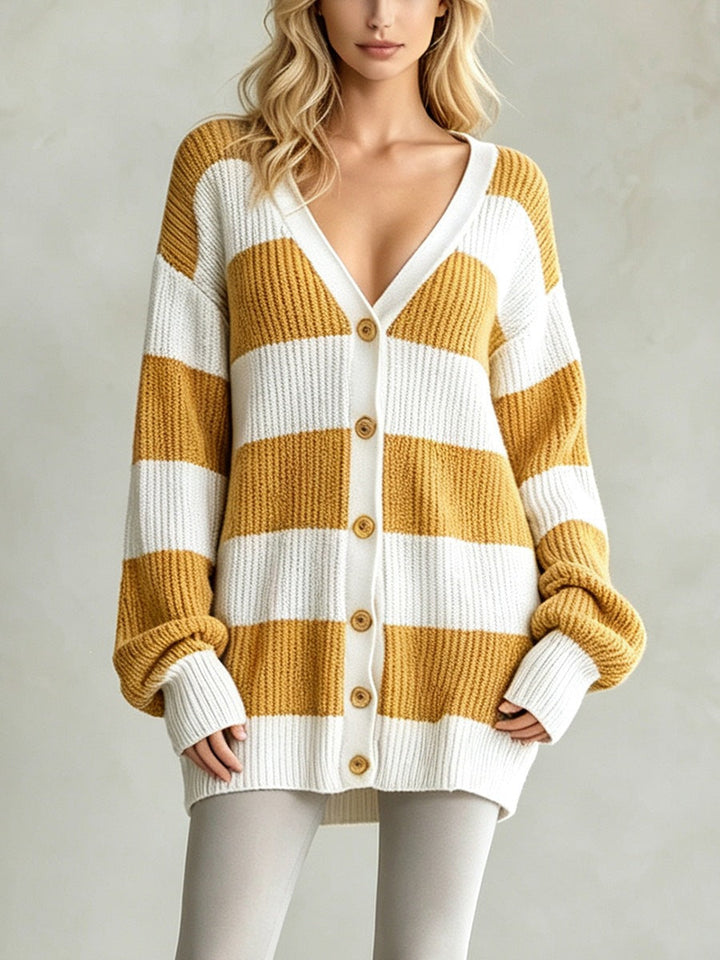Sorvienne Oversized Button Front Striped Cardigan in Mustard Stripe
