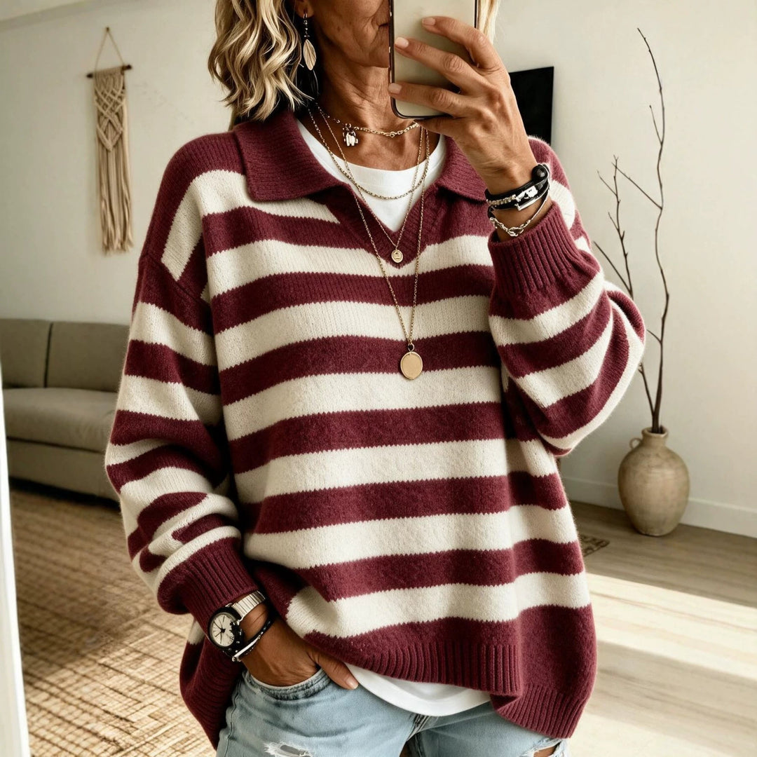 Sorvienne Relaxed Collared Striped Jumper in Burgundy Stripe