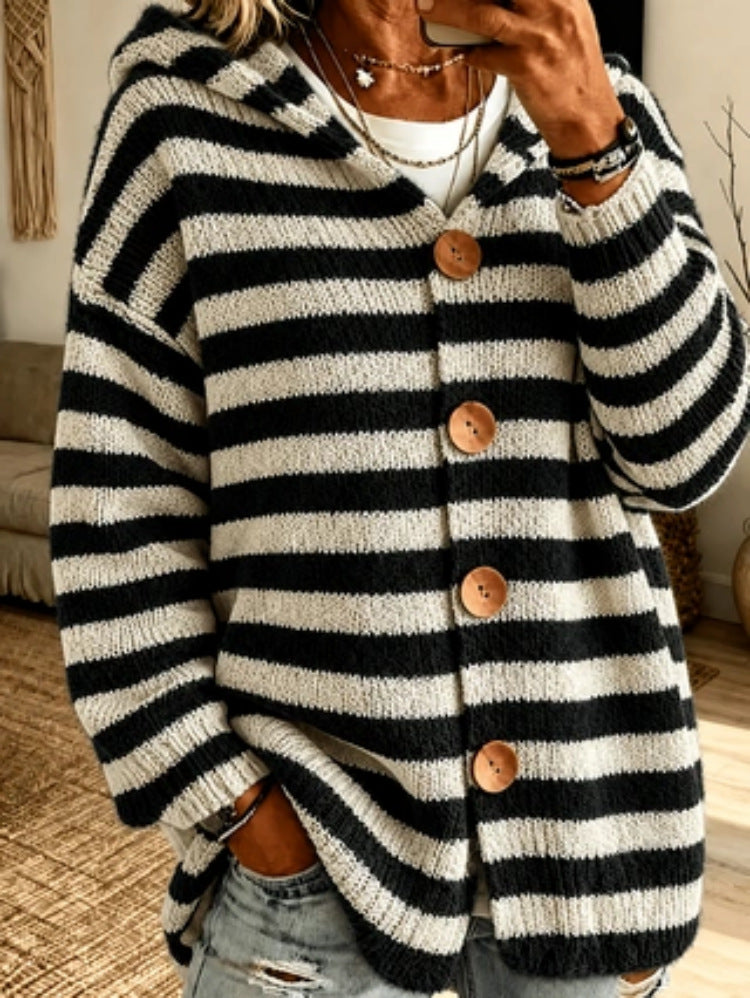 Sorvienne Relaxed Striped Button Front Hooded Cardigan in Black Stripe