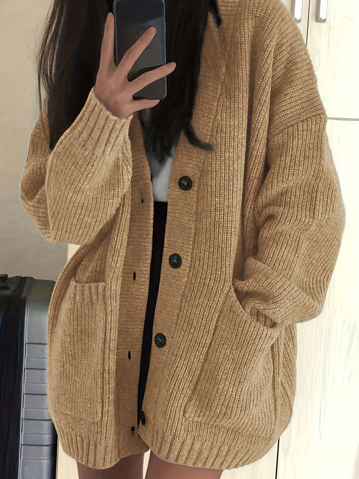 Sorvienne Oversized Cardigan with Deep Patch Pockets in Camel