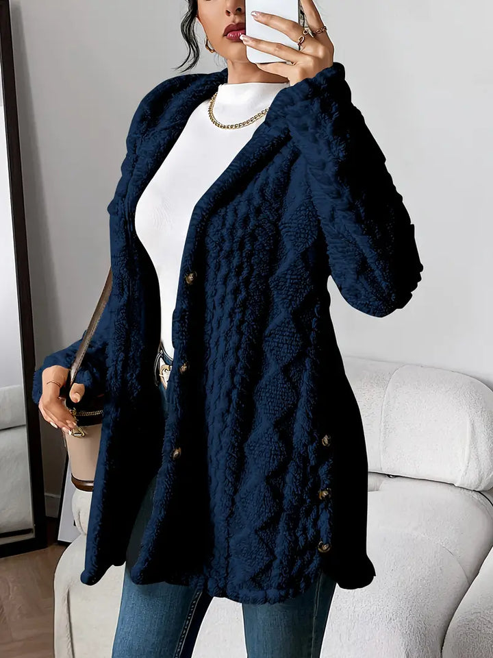Sorvienne Relaxed Cable Texture Hooded Fleece Cardigan in Navy