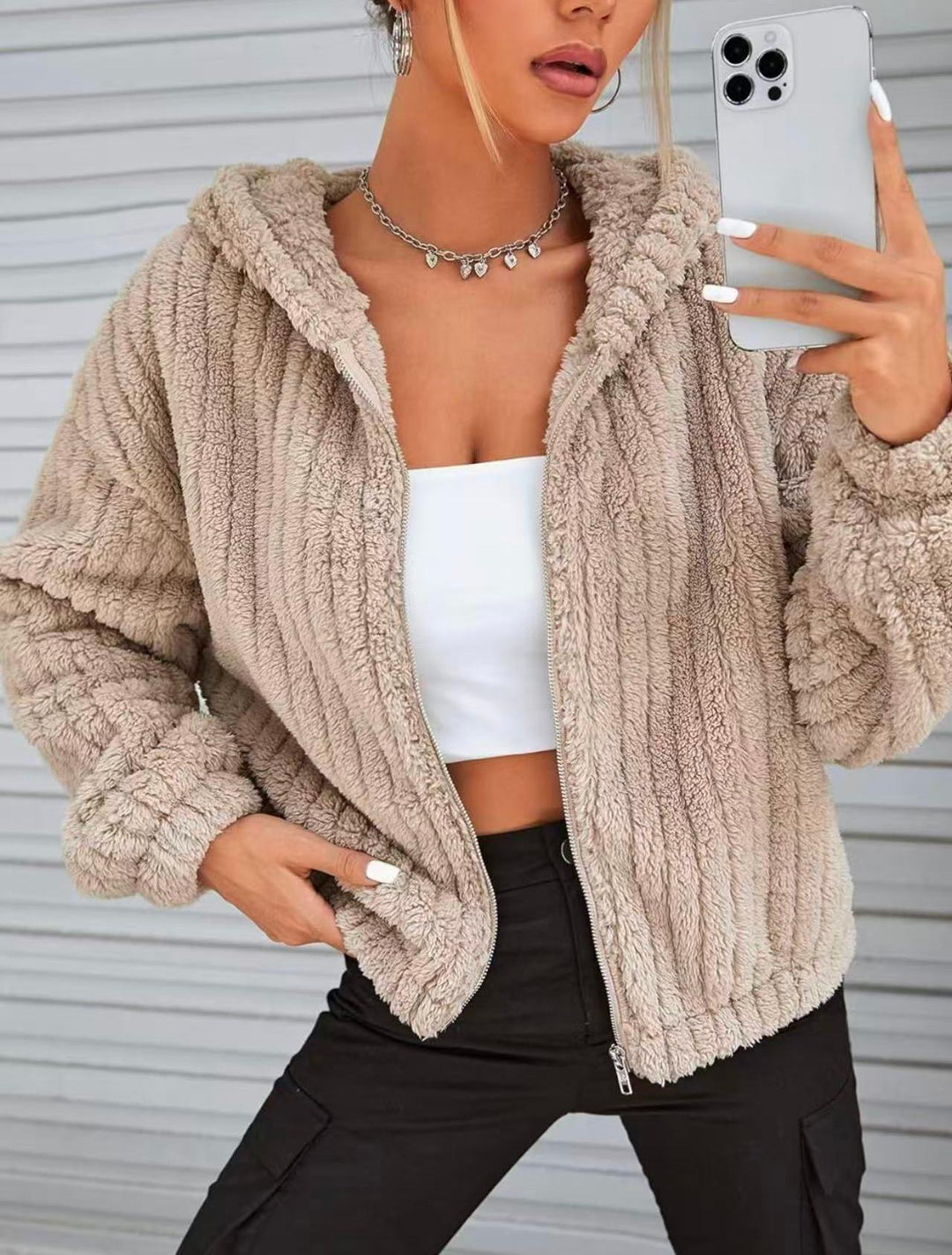 Sorvienne Relaxed Bear Ear Zip Up Teddy Hoodie in Taupe